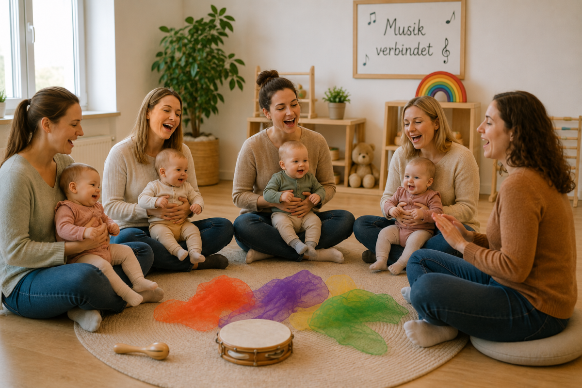 Mütter sitzen mit ihren Kindern im Kreis