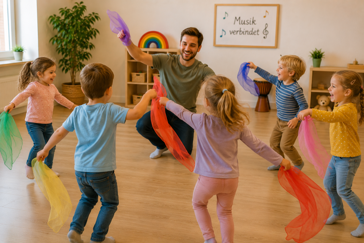 Kinder tanzen mit Jongliertüchern