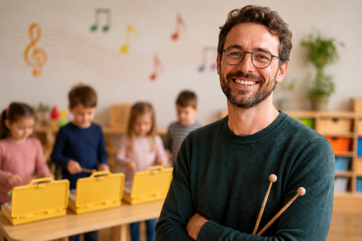 Mann steht im Vordergrund, im Hintergrund spielen Kinder Glockenspiel