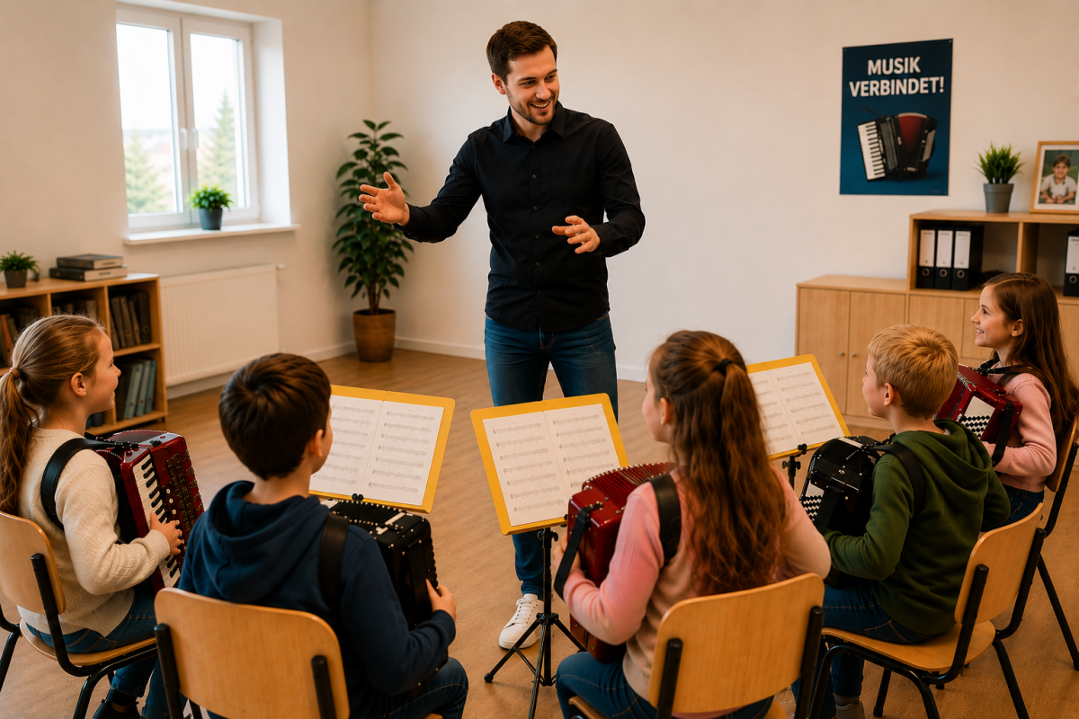 Musiklehrer dirigiert ein Akkordeon-Orchester von Kindern