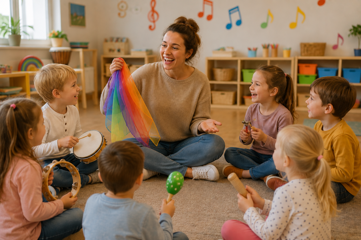 Musiklehrerin sitzt auf dem Boden im Kreis mit Kindern mit Instrumenten